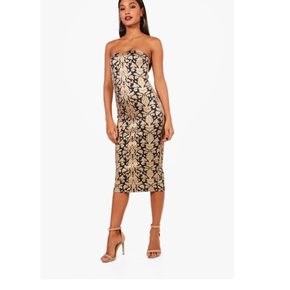 Boohoo Sophie Bandeau Foil Print Midi Dress, US-4, Navy & Gold. Still Like New!